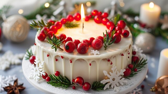 A lit candle sits atop a white frosted cake, which is decorated with a wreath of holly and red berries. The cake is on a white plate, surrounded by white and gold ornaments and candles.


