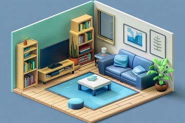 isometric illustration of a cozy living room with stylish furniture, bookshelves, a large TV, and decorative plants, showcasing a modern and welcoming space