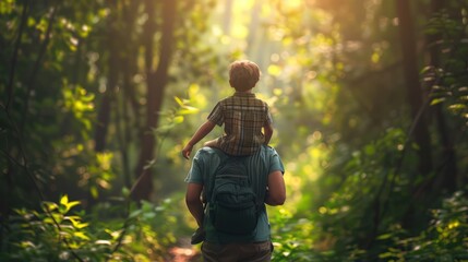 View from behind, a father carrying his son walking outdoors in a natural park. introduce their children to nature.