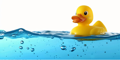 A yellow rubber duck floats on the water,  banner