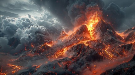 A volcano erupts, spewing lava and ash into the sky