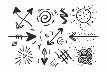 Vector set of different stars, sparkles, arrows, hearts, signs and symbols. Hand drawn, doodle elements isolated on white background