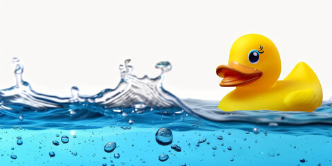 A yellow rubber duck floats on the water,  banner