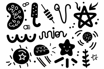 Vector set of different stars, sparkles, arrows, hearts, signs and symbols. Hand drawn, doodle elements isolated on white background