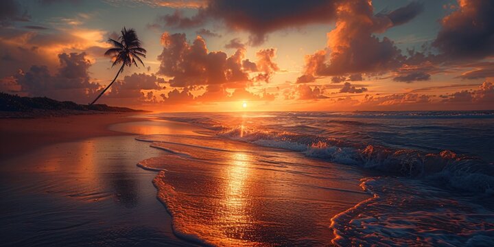 Three panel wall art of a sunset over a pristine beach waves gently crashing a lone palm tree silhouette