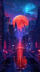 A wide road in a cyberpunk city with red moon and blue moon.