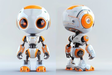 Naklejka premium Front and back angle view of futuristic robots in different poses, highlighting their sleek design and humanoid features.