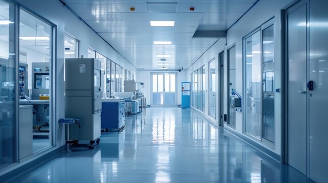 Clean room. Modern industrial science laboratory interior with doors.