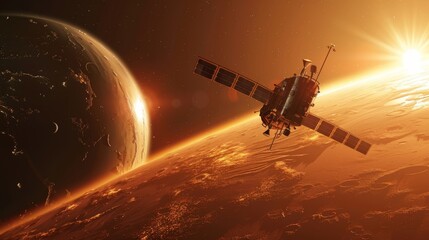 Obraz premium Solar System: A 3D illustration of a spacecraft orbiting Mars