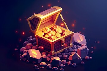 A vibrant illustration of an open treasure chest filled with shining gold coins and large gems, emitting a warm, magical glow against a dark background