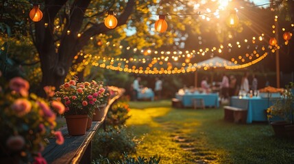 Host a cheerful summer garden party in a backyard or outdoor patio. Decorate the space with strings of bunting potted plants