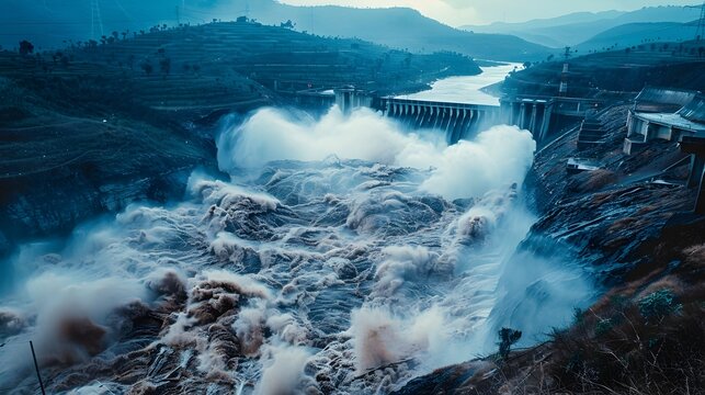 Dawn's Catastrophic Dam Rupture: A Massive Water Torrent Overwhelming the Valley