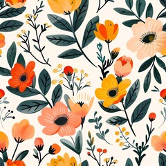 A seamless pattern of hand-painted flowers and leaves in a folk art style. The flowers are orange, yellow, and pink, with green leaves. The background is white.