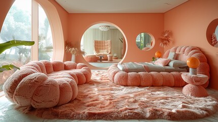 Photograph a bedroom scene with soft soothing colors and rounded furniture pieces