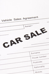 Form of vehicle sales agreement, inscription car sale. Sales, buying car