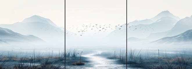 Three panel wall art showcasing a birds migration path over natural landscapes