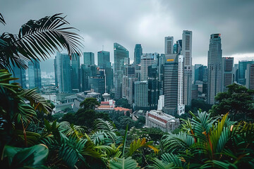 An urban skyline overshadowed by lush greenery, contrast between nature and city life in a bustling metropolis. - obrazy, fototapety, plakaty
