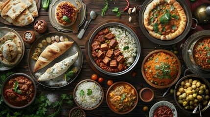 A wooden table filled with various Indian food.