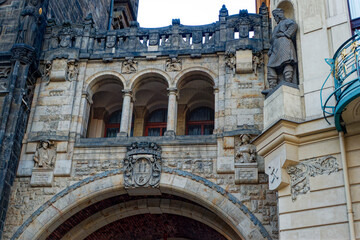 Sightseeing at the old town of Czech City of Prague with Powder Gate Tower on a sunny autumn day....