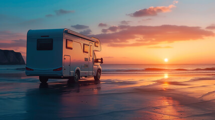 A white camper van is parked on the beach at sunset. The sky is filled with clouds and the sun is setting, creating a beautiful and serene atmosphere