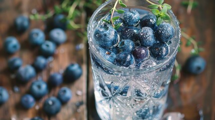 Glass of Blueberries on Wooden Table