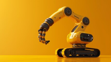 A yellow robotic arm on a black track against a yellow background.
