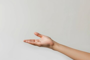 Female hand to hold something. Beautiful empty young woman hand showing your product or something isolated on white background. Open girl's palm with copy space. Hand reach out with palm open up.