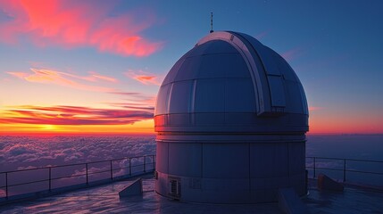 Fototapeta na wymiar Telescope: A photo of a telescope dome opening at dusk, with the sky transitioning from day to night