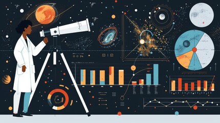 Telescope: An illustration of a scientist analyzing data collected by a telescope