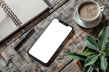 mockup of a  smartphone with transparent background on a wooden table next to coffee, notebook, pen and house plants