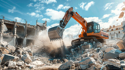 A large orange excavator is digging into a pile of rubble. The scene is chaotic and destructive,...