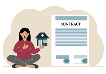 A woman on the boat holds a house nearby a big contract. Real estate transaction concept, purchase, sale, rent or rental house. Vector Flate Illustration