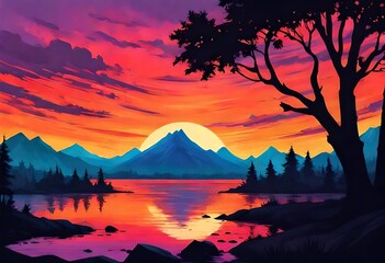 sunset over the lake painting 
