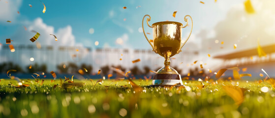 Banner with golden trophy cup on vibrant soccer field at sunset. Generative AI - obrazy, fototapety, plakaty