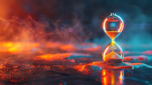 An hourglass timer sits on a reflective surface. The sand inside the timer is glowing and the surrounding area is dark and mysterious.