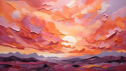 Layers of radiant magenta, fiery orange, and tranquil lavender intertwine in an abstract portrayal capturing the vibrant essence of a sunset-painted sky, sharply defined. 