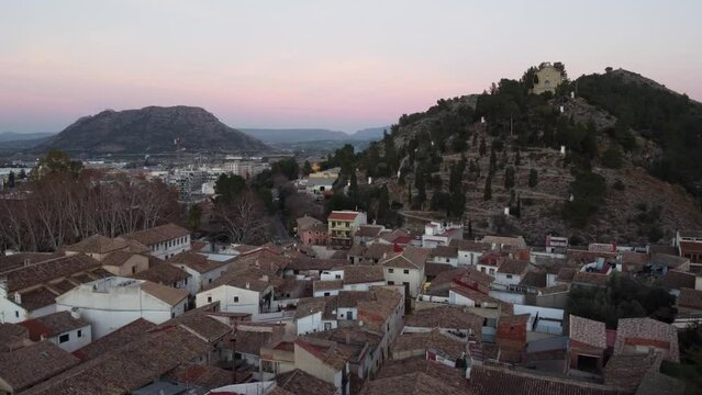 Spain Xativa drone view mountain and city sunset. High quality FullHD footage