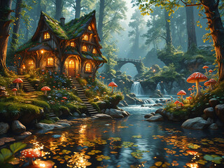 A wonderful fairy tale cottage nestled in a mystical forest teeming with mushrooms, beside a romantic river, Generative AI
