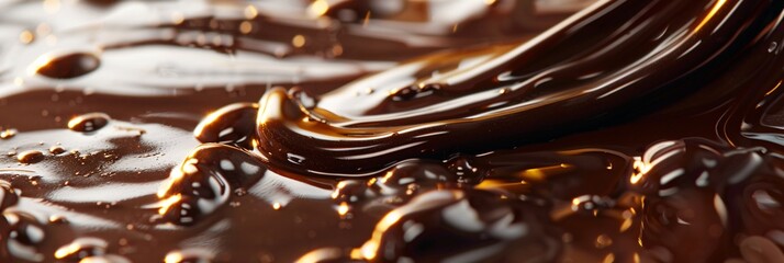 Lose yourself in the delicious embrace of liquid chocolate, its smooth surface reflecting the golden hues of sunset, inviting you to savor its sweet essence - obrazy, fototapety, plakaty
