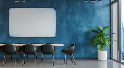 3d interior design of modern office space with blue plastered wall, white empty board on the wall, and meeting table.