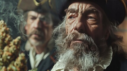 An old pirate captain is smoking a blunt. He has a long beard and a weathered face. He is wearing a hat and a coat.