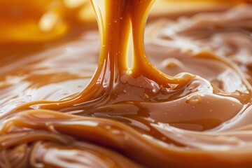 Indulge in the warm richness of liquid caramel, its smooth surface and sweet aroma creating a sensation of pure delight - obrazy, fototapety, plakaty