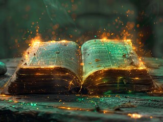 An open book with green and yellow magic flowing from the pages