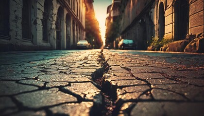 a street divided the cracked pathway of urban decay