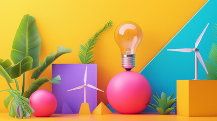 creative 3D background with electric light bulb, miniature of wind turbine and green leaves on yellow-blue backdrop with geometric shapes..