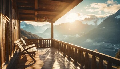 balcony view from wooden chalet in the alps