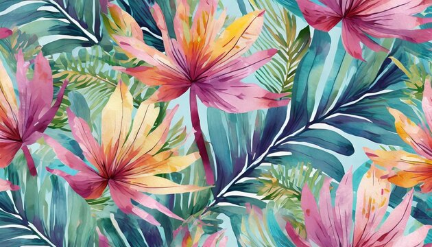 beautiful autotraced vector seamless pattern with hand drawn watercolor colorful tropical palm leaves wallpapper textile fabric design