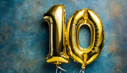 Banner with number 10 golden balloon. Ten year anniversary celebration. Bright blue background.