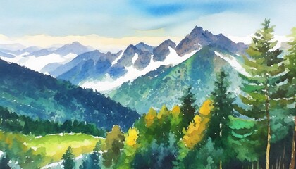 forest against the backdrop of high mountains mountain landscape watercolor background drawing for a children room