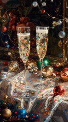 Fototapeta na wymiar Two champagne glasses sitting on a table with confetti. Christmas holiday background . Vertical background 